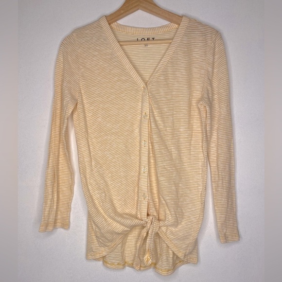 ANN TAYLOR LOFT YELLOW STRIPED BUTTON UP CARDIGAN TIE TOP - Picture 1 of 5